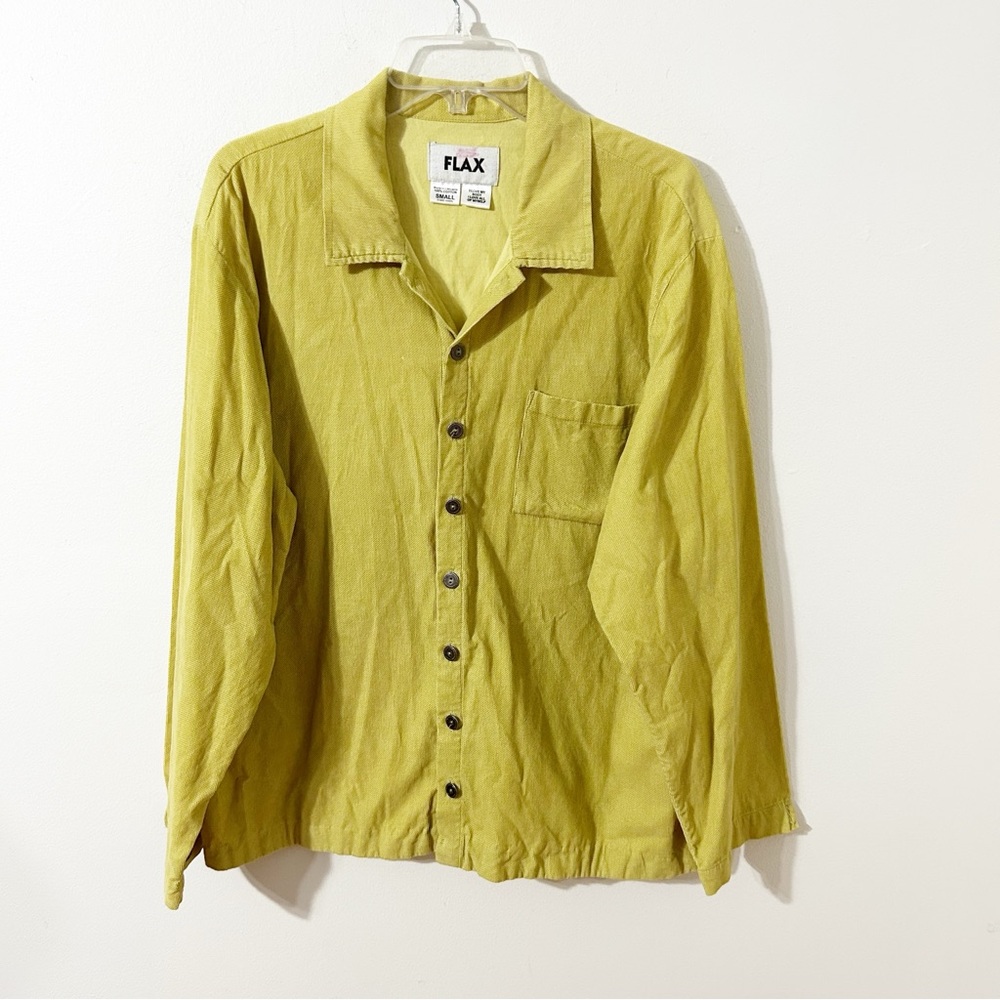 FLAX Light Corduroy Button-Front Jacket Shirt Pointed Collar Chartreuse Green